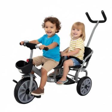 Imagem de Triciclo Duplo Infantil 2 Lugares com Empurrador Double Tipo Carrinho Bicicleta Duo Passeio Cesto Campainha e Haste Guia Pais Certificado INMETRO (Cinza)