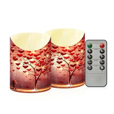 Imagem de Wassud Pacote com 2 velas de árvore de coração sem chamas com controle remoto, velas realistas cintilantes com temporizador, velas decorativas para Natal, casamento, festa, decoração de casa pequena