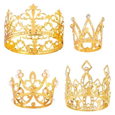 Imagem de Haakong 4 peças de topo de bolo de coroa mini coroa dourada para arranjo de flores de bolo buquê de cristal pérola strass vintage pequena coroa de princesa para aniversário, casamento, chá de bebê