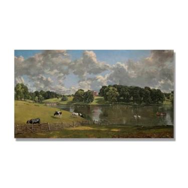 Imagem de NHLDZYH Arte em tela de paisagem estilo Constable, (sem título 70), pintura romântica do campo inglês, decoração de parede texturizada com pincelada pesada. Tela de 40 x 72 cm - 15,8 x 28,3 pol