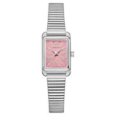 Imagem de AMOVAN Relógios dourados femininos de pulso pequeno, caixa retangular delicada, relógio de pulso vintage, quartzo vintage para o dia das mães, dia dos namorados, aniversário, Prateado, rosa, Vintage