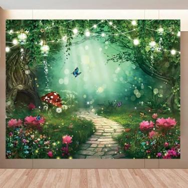 Imagem de Chloroplastid Fundo de floresta encantada de primavera, 3 x 2,4 m, país das maravilhas cogumelo, borboleta, jardim, conto de fadas, fundo fotográfico para decoração de festa de aniversário de princesa