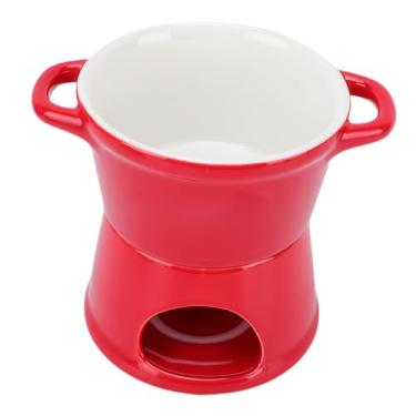Imagem de Aqur2020 Caneca Individual de Cerâmica para Fondue Com Garfo, Vela Tealight para Derreter Chocolate e Queijo, Conjunto de Sobremesa para Frutas e Pão (Vermelha)
