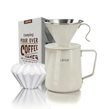 Imagem de AGOGO Cafeteiras para acampamento – Conjunto de cafeteira portátil V60 – gotejador de aço inoxidável 304 e 50 filtros de papel e pano de limpeza – Canecas de café (creme, 900 ml)