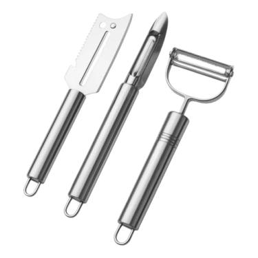 Imagem de Kit 3 Descascadores Inox Profissional – Legumes, Frutas, Peixes e Queijo – Ralador, Fatiador, Escamador – Aço Inoxidável Resistente e Multifuncional