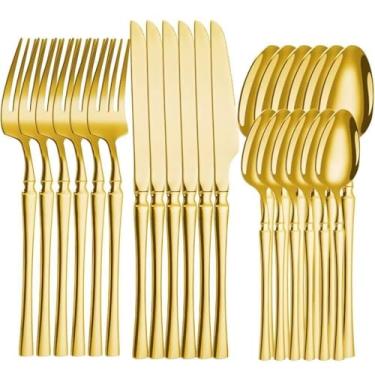 Imagem de Talheres de Aço Inox Dourados 24 Peças – Jogo Completo Garfo Colher Faca Luxo para Jantar (24 PEÇAS OVAL)