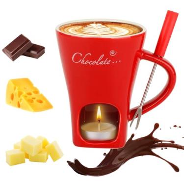 Imagem de Caneca de fondue de chocolate com garfos, xícara de fondue doce de derretimento de chocolate pessoal de cerâmica para queijo, caneca de fondue de coração para encontro à noite, aniversário, presentes
