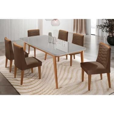 Imagem de Sala Jantar Mesa Havana Tampo c/ Vidro Curvo 180cm+6 Cadeiras Maldivas Madeira Naturale/Off White - Capuccino/Suede Marrom - Rufato