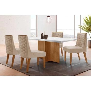 Imagem de Conjunto Sala de Jantar Berlim c/ Tampo Madeirado c/ Vidro Canto Curvo 120x80cm e 4 Cadeiras Dafne Madeira Maciça Naturale/Off White - Capuccino/Suede
