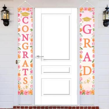 Imagem de Fangleland Decorações de porta de formatura rosa e laranja, fundo fotográfico de banners pendurados em porta de parabéns, suprimentos de festa para cerimônia de graduação para meninas