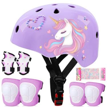 Imagem de Conjunto de joelheiras e cotoveleiras de capacete de bicicleta infantil, conjunto de equipamento de proteção ajustável com adesivos DIY para meninas de 3 a 5 a 8 anos