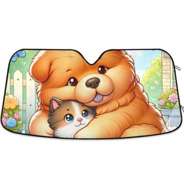 Imagem de Guarda-sol de carro de cachorro Chow Chow de desenho animado personalizado para para-brisa universal dobrável automotivo pára-brisa animal floral L, 144,8 cm x 80 cm