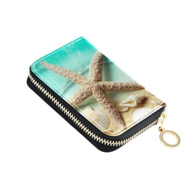 Imagem de Carteira feminina divertida de verão, estrela-do-mar, conchas de praia, carteira pequena com porta-cartões, bloqueio de RFID, carteira minimalista com zíper e bolsa para moedas