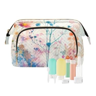 Imagem de TSENQUE Bolsa organizadora de maquiagem de mármore roxo de grande capacidade com conjunto de acessórios de 9 peças, bolsas de cosméticos femininas para bolsa, Estampa floral de flores silvestres, one