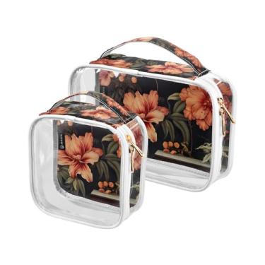 Imagem de GAIGEO Pacote com 2 sacos de maquiagem transparentes com estampa de folha, bolsa de viagem de plástico transparente, bolsas de viagem para viagens aéreas, Pintura de flores vermelhas e laranjas-1, one