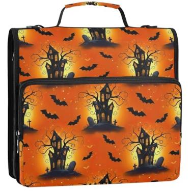 Imagem de Organizador de fichário com zíper com desenho animado de 3 cm, 3 argolas, capa de carteira de armazenamento com estampa de desenho animado assustador de Halloween com alça para escola, 34,5 x 31,5 x