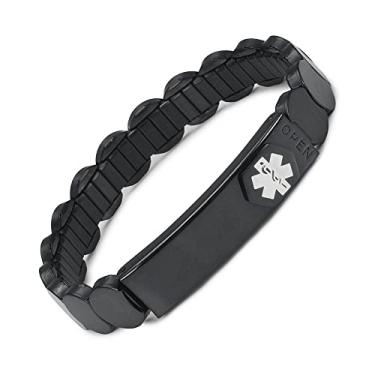 Imagem de EnerMagiX Pulseira de alerta médico para mulheres, pulseira de identificação médica elástica ajustável personalizada de aço inoxidável de cor preta para diabetes, alergias, epilepsia, cartões