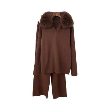 Imagem de Conjunto De Suéter De Tricô Feminino Primavera Outono Com Gola De Pele