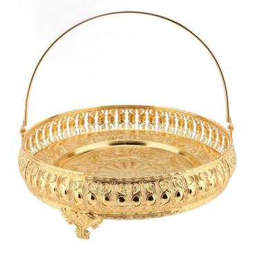 Imagem de Bandeja de frutas redonda retrô vintage elegante requintado decorativo prato de sobremesa de liga de grande capacidade com alça para festa bar decoração de casa ouro
