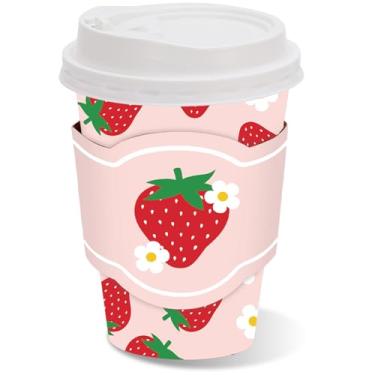 Imagem de JarThenaAMCS Pacote com 50 xícaras de café descartáveis de morango com tampas e mangas pequenas copo de papel vermelho rosa e flor de morango para primavera verão artigos de festa de aniversário