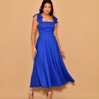 Imagem de Vestido midi luxo liso duna linho com laço na ombr - Helena, Azul roya