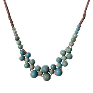 Imagem de Zlanderah Colar grosso redondo de contas de cerâmica azul turquesa, colar hippie de várias camadas para mulheres, joia boêmia moderna presente para ela