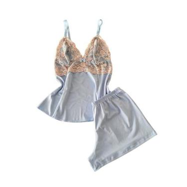 Imagem de Short Doll Blusa Com Renda Bicolor Short liso Sexy Feminino Sensual Co