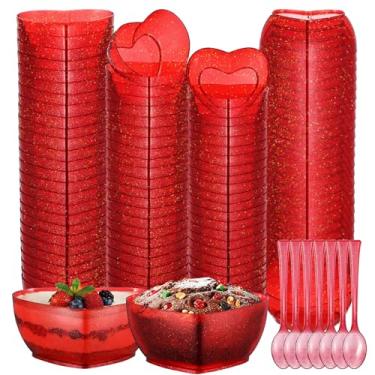 Imagem de Rtteri Conjunto de 100 tigelas de plástico com glitter descartável 100 mini tigelas em forma de coração com 100 colheres de louças de sorvete de sobremesa de amor para aniversário dos namorados festa
