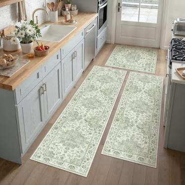 Imagem de WondRg Conjunto de 3 tapetes de cozinha neutros, verdes, vintage, laváveis, para chão, antiderrapante, tapete macio e baixo para banheiro, lavanderia, corredor, pia, entrada