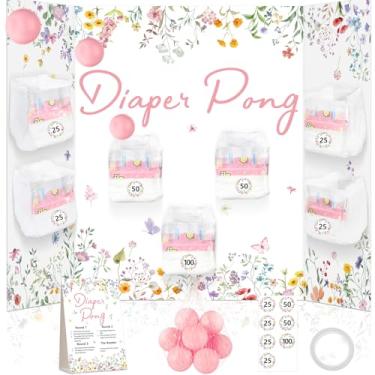 Imagem de Conjunto de jogo de fraldas para chá de bebê Wildflower, 1 fralda de tabuleiro de jogos florais de primavera, 10 bolas de plástico rosa, 1 placa de instruções de jogo de flores silvestres para