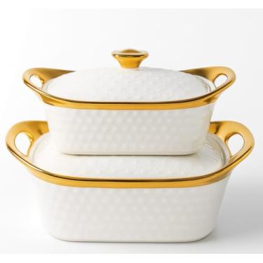 Imagem de Panela de sopa de cerâmica de luxo com tampa – Pote multiuso e panelas de cerâmica para fogão e forno – não tóxico, seguro para alimentos, fácil de limpar – Design elegante para cozinha, conjunto de 2