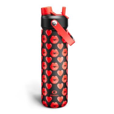 Imagem de ENCOOL Garrafa de água isolada com canudo de aço inoxidável, à prova de vazamento, livre de BPA, aspirador de parede dupla mantém frio por 24 horas para esportes, viagens, escola (740 ml, Kiss Hearts