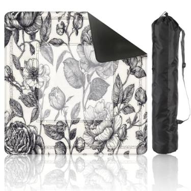 Imagem de Mahjong Mat 31.5" x 31.5" Vintage Seamless Floral Black White Garden Flowers Roses Peonies Non-Slip Noise Reduction Mahjong Tiles Table Cover for Dominoes Poker Card Board and Tile Games