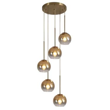 Imagem de Lustre pendente com cúpula de vidro dourado, estilo moderno de meados do século XX, para sala de jantar, com globo grande.