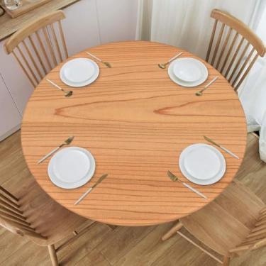 Imagem de BOXIMIAO Toalha de mesa redonda de grão de madeira laranja com borda elástica toalha de mesa impermeável reutilizável para férias, cozinha, festa, pátio, M (114 a 127 cm)