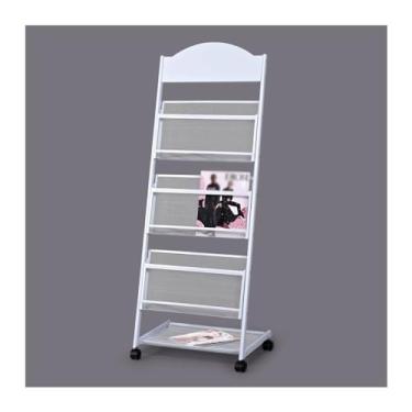 Imagem de KEG801302 Porta-revistas simples de chão de 3 camadas com rodas, suporte de exibição de folheto, metal de alta dureza para exposições, escritório (branco)