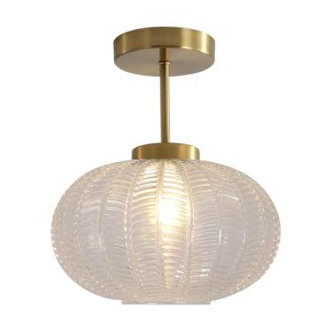 Imagem de Luminária de teto embutida com vidro bolha, moderna e dourada, para corredores. Luminárias de teto grandes com vidro transparente para banheiros.