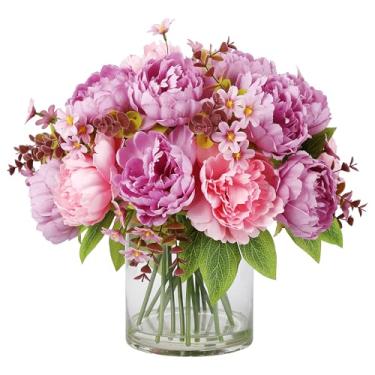 Imagem de homfan Buquê de peônias mistas rosa e roxo, peônia sintética de seda com garrafa de vidro e água sintética para decoração de casa, buquês de casamento, mesas, centros de mesa