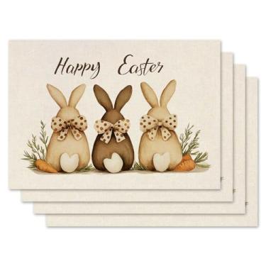 Imagem de Jauageon Jogo americano Happy Easter Bunny conjunto com 4 tapetes de mesa de cenoura He is Risen para ambientes internos e externos, casa, festa, cozinha, jantar, decoração, fazenda, serapilheira, 30