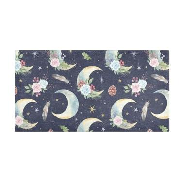 Imagem de Burbuja Tapete de corredor, lua, flores, pelúcia, antiderrapante, tapete de borracha para corredor, quarto, sala de estar, decoração de entrada, lavável na máquina, 51 x 99 cm