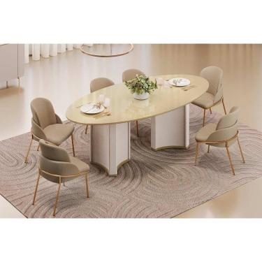 Imagem de Conjunto: Mesa de Cozinha Liz c/ Tampo Madeirado c/ Vidro Oval 218x108cm e 6 Cadeiras V...
