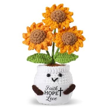 Imagem de Tegeme Valentines Day Mini Crochet Sunflower Inspirational Desk with Optimistic Card Handmade Crochet Plant Thank You Gift for Women Friends Coworkers Nurse Teacher Christian Faith Sunflower Decor