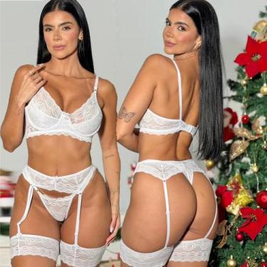 Imagem de Conjunto Cinta Liga Sensual Sem Bojo Com Aro Rendado Calcinha Fio Dent