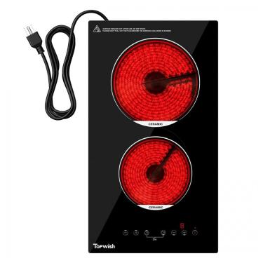 Imagem de Cooktop Elétrico de 2 Bocas, Cooktop de Cerâmica Embutido de 30,48 cm, Cooktop Elétrico de 120v com Trava de Segurança para Crianças, Timer