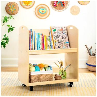 Imagem de Carrinho infantil para livros Guidecraft EdQ Natural com 2 prateleiras e rodízios em madeira bétula 75cm para organização Montessori