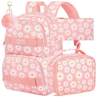 Imagem de Mochila AGSDON 3 em 1 rosa com estampa de margaridas, para notebook 17", com lancheira e estojo