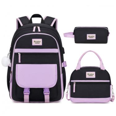 Imagem de Mochila escolar juvenil Bevalsa roxa e preta com estojo e lancheira 45 cm e porta USB