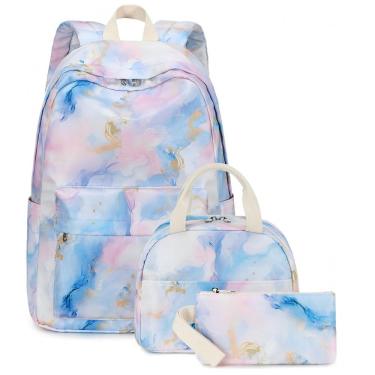 Imagem de Mochila escolar Bluboon juvenil feminina mármore rosa azul roxo, conjunto 3 peças com lancheira térmica e estojo, para notebook 35,5 cm