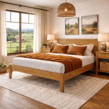 Imagem de Cama de Casal Madeira Maciça 1,60 Cabeceira Quadrada Rústica - LaCasaM