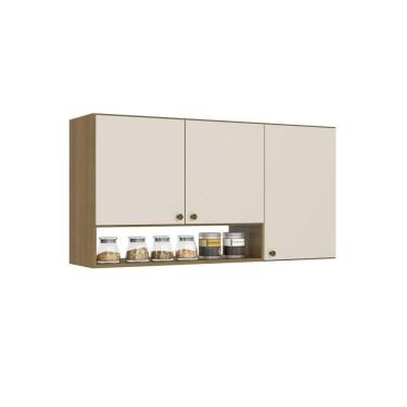 Imagem de Armário Aéreo de Cozinha 3 Portas THB Mag, Naturale e Off White 120 cm